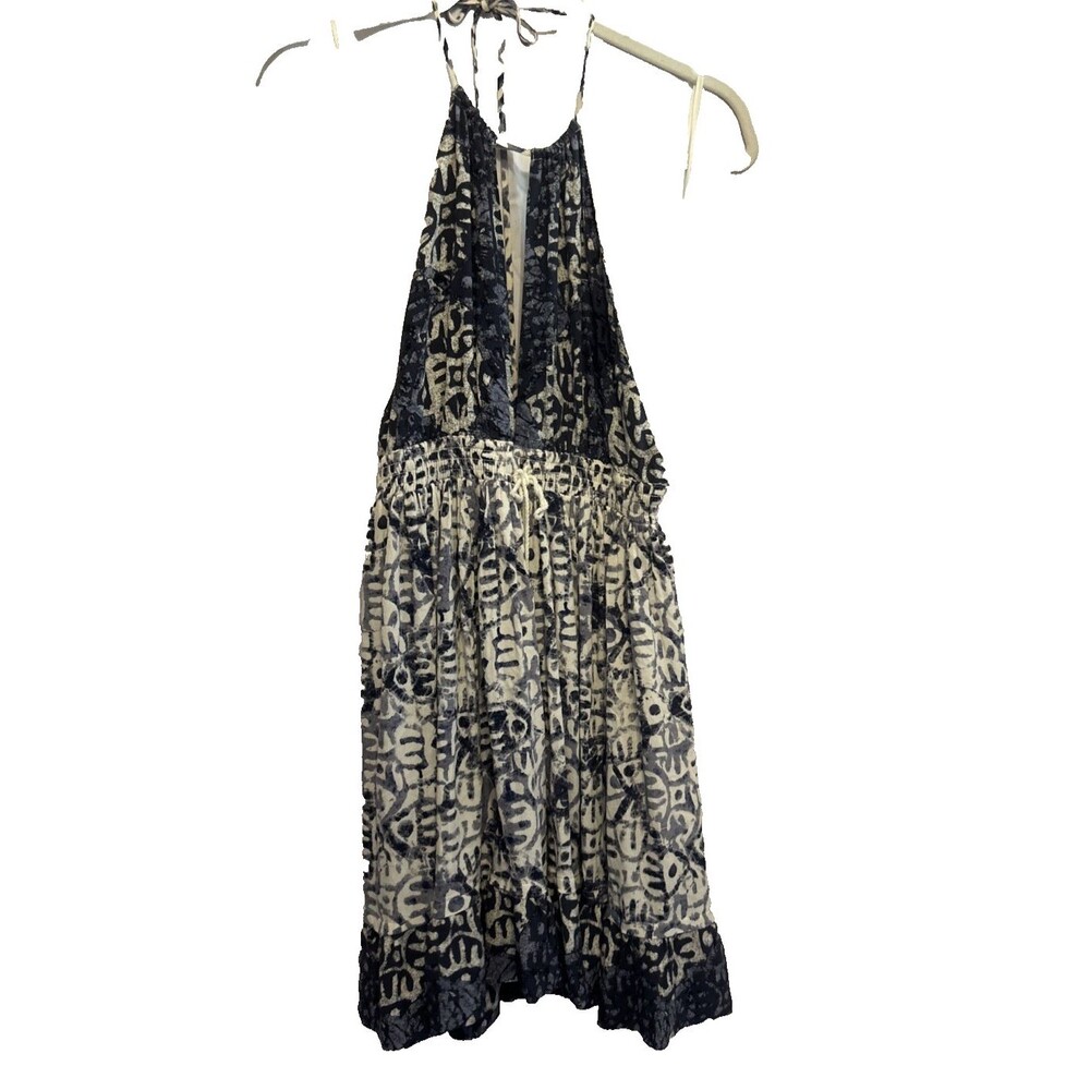 #8097 FREE PEOPLE WOMENS BEACH BOHO DRESS BLUE PRINT HALTERTOP  POCKETS SIZE M